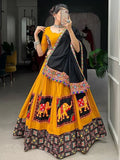 Swirling Mustard Yellow Gamthi Work Cotton Navratri Lehenga Choli