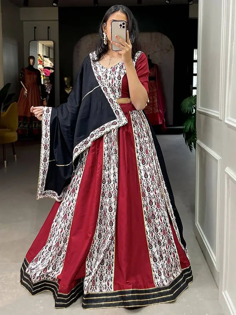 Flaunt Maroon-White Printed Pure Cotton Navratri Lehenga Choli