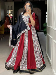 Flaunt Maroon-White Printed Pure Cotton Navratri Lehenga Choli