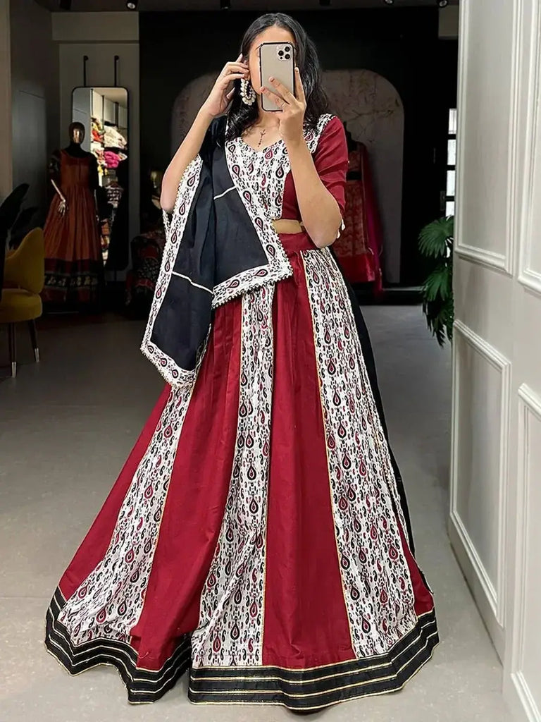 Flaunt Maroon-White Printed Pure Cotton Navratri Lehenga Choli