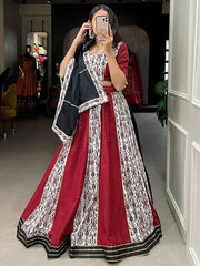 Flaunt Maroon-White Printed Pure Cotton Navratri Lehenga Choli