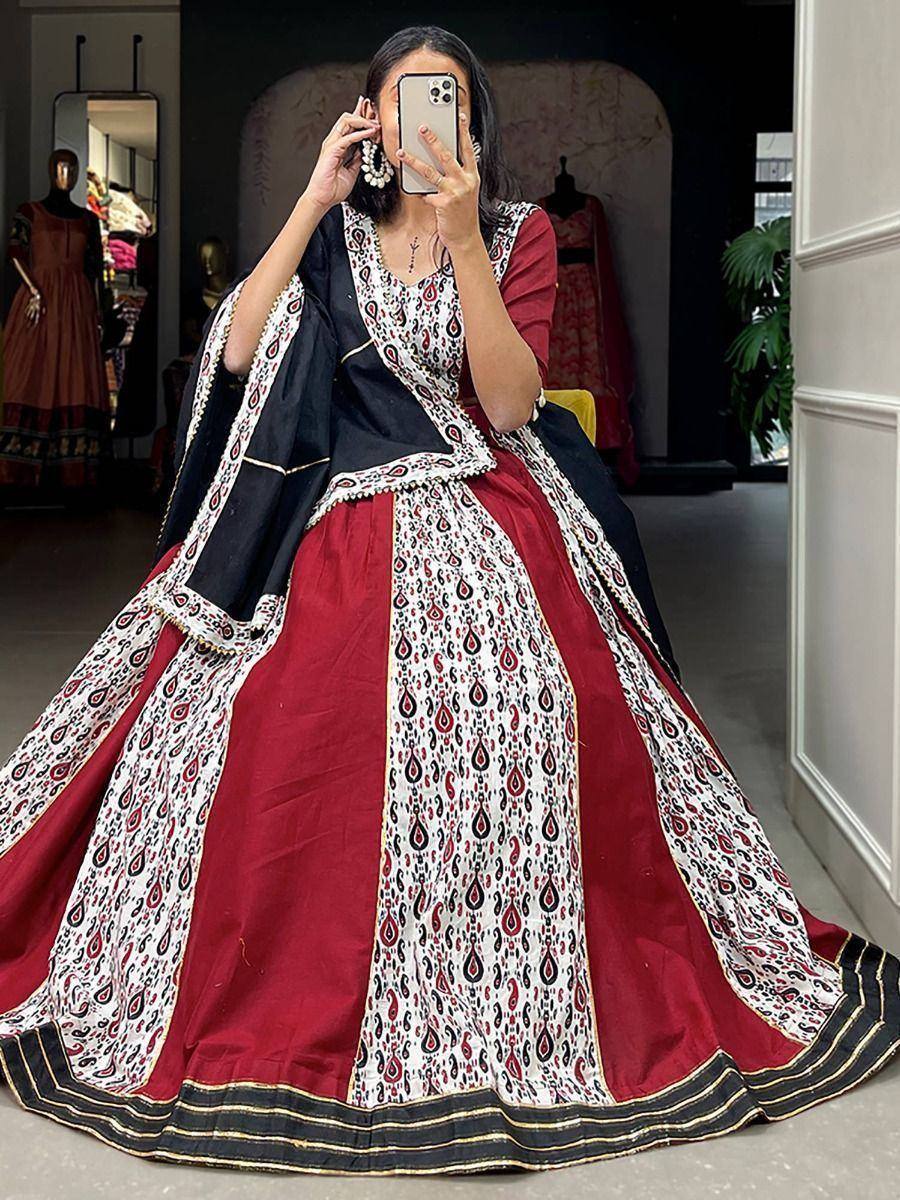 Red and black printed lehenga choli with mirror work, ethnic Indian wear for women