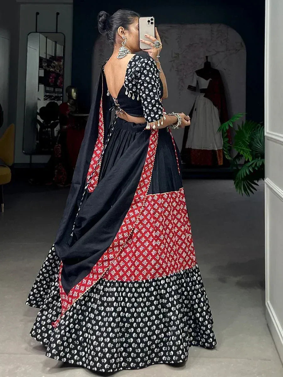 Black and red printed lehenga choli with backless blouse and dupatta, ethnic Indian wear