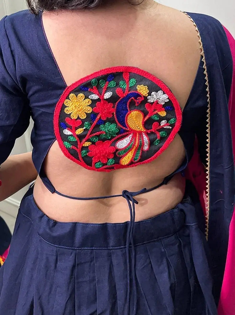 Fabulous Navy Blue-Pink Gamthi Work Cotton Navratri Wear Chaniya Choli