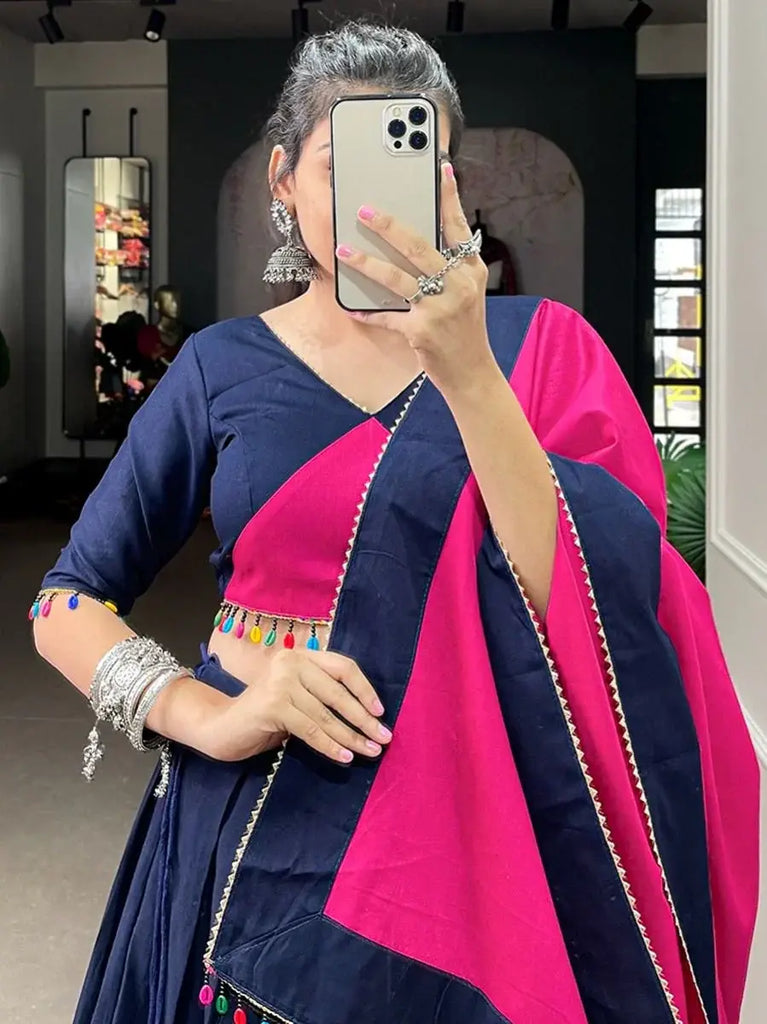 Fabulous Navy Blue-Pink Gamthi Work Cotton Navratri Wear Chaniya Choli