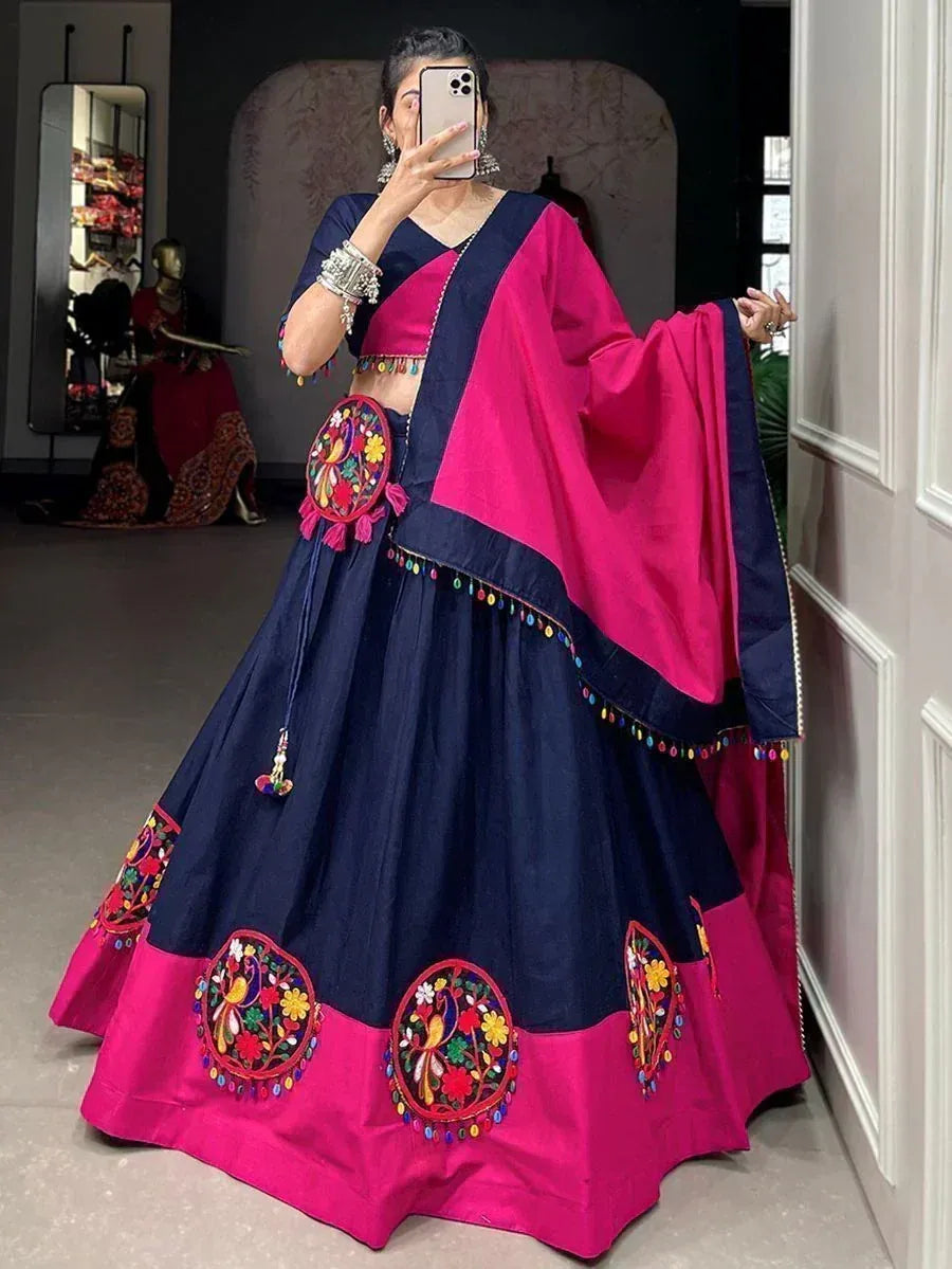 Navy and pink embroidered lehenga choli with mirror work, perfect for Indian ethnic wear occasions