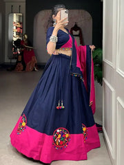 Fabulous Navy Blue-Pink Gamthi Work Cotton Navratri Wear Chaniya Choli