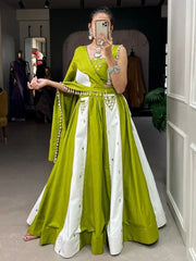Stunning Parrot-Green Mirror Work Cotton Navratri Wear Lehenga Choli