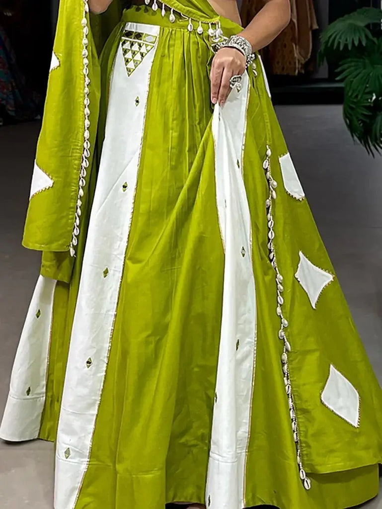 Stunning Parrot-Green Mirror Work Cotton Navratri Wear Lehenga Choli