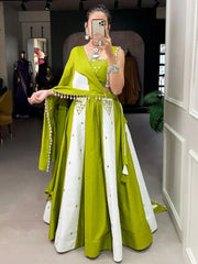 Stunning Parrot-Green Mirror Work Cotton Navratri Wear Lehenga Choli