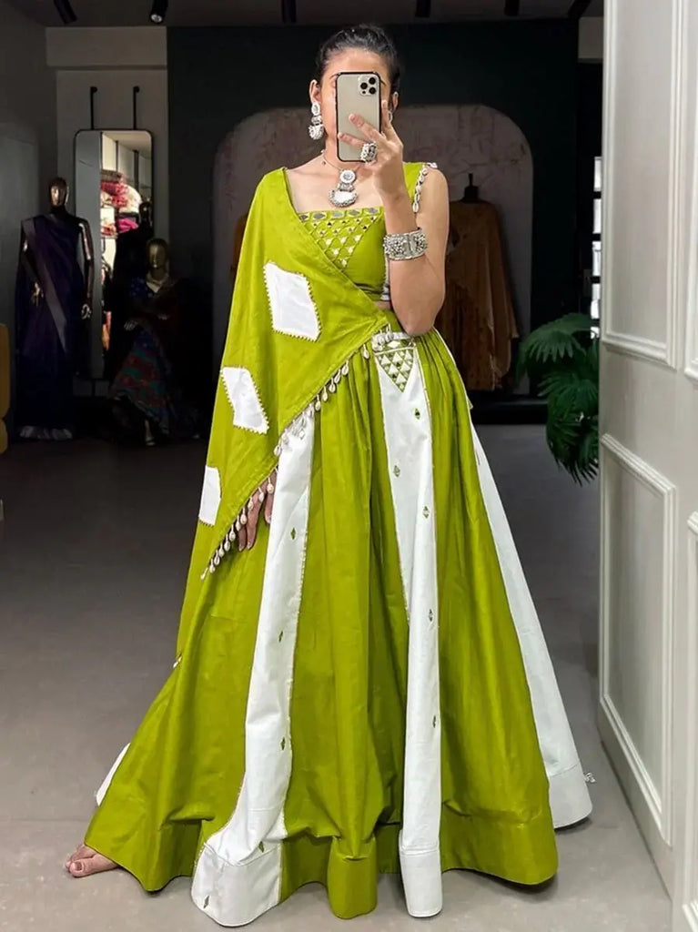 Stunning Parrot-Green Mirror Work Cotton Navratri Wear Lehenga Choli