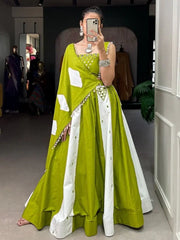 Stunning Parrot-Green Mirror Work Cotton Navratri Wear Lehenga Choli