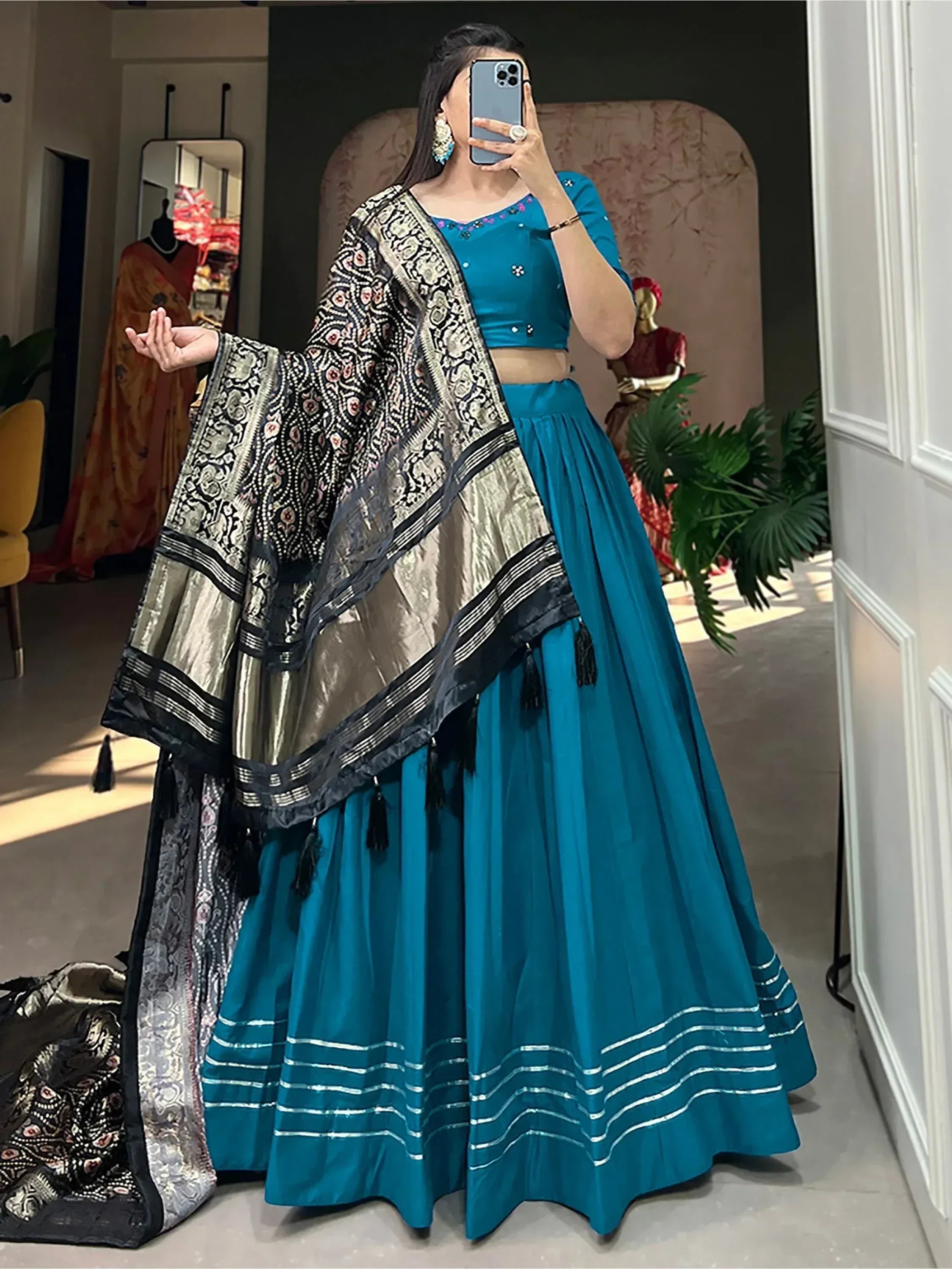 Teal blue lehenga choli with embroidered dupatta, Indian ethnic wear for women