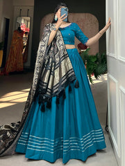 Precious Blue Cotton Traditional Plain Lehenga Choli With Dupatta
