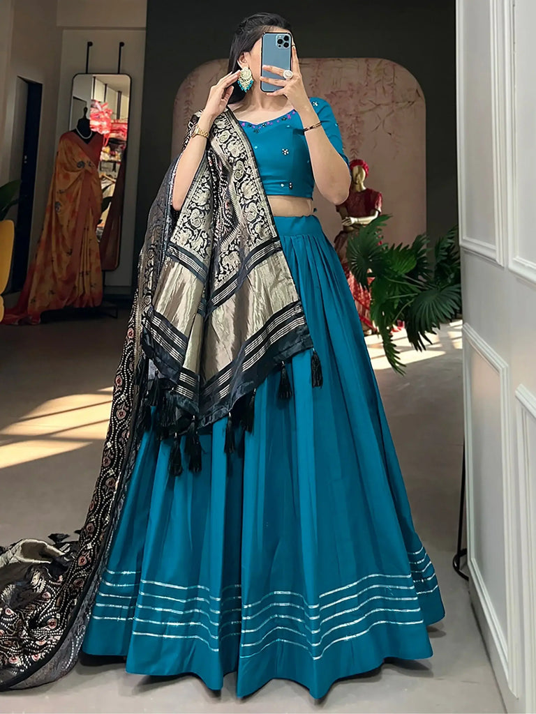 Precious Blue Cotton Traditional Plain Lehenga Choli With Dupatta