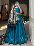 Precious Blue Cotton Traditional Plain Lehenga Choli With Dupatta