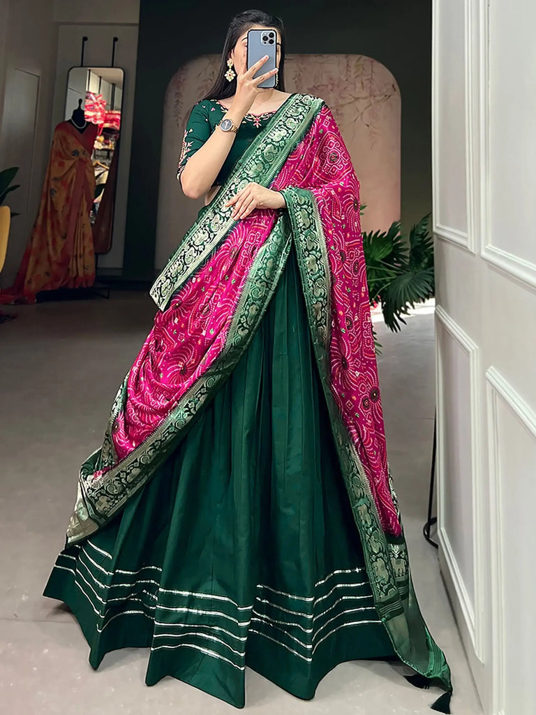 Adorable Green Cotton Festival Wear Plain Lehenga Choli With Dupatta