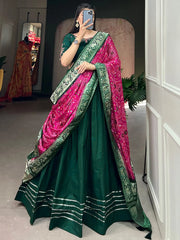 Adorable Green Cotton Festival Wear Plain Lehenga Choli With Dupatta
