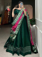 Adorable Green Cotton Festival Wear Plain Lehenga Choli With Dupatta