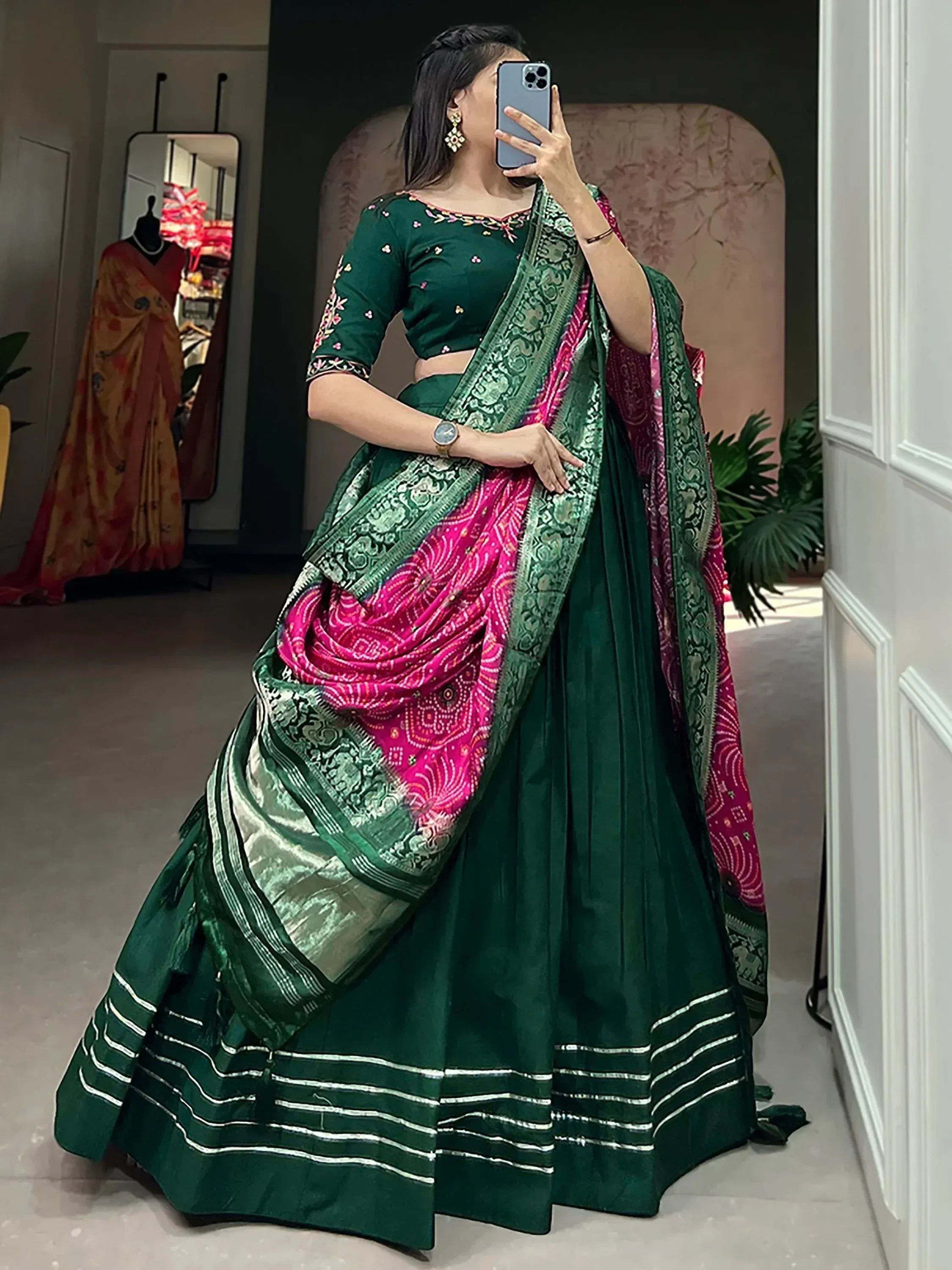 Emerald green lehenga choli with pink dupatta, ethnic Indian wear for women