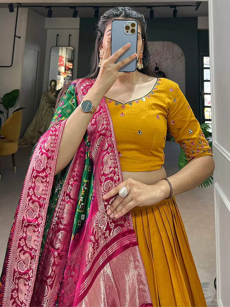Stunning Mustard Yellow Cotton Plain Lehenga Choli With Dupatta