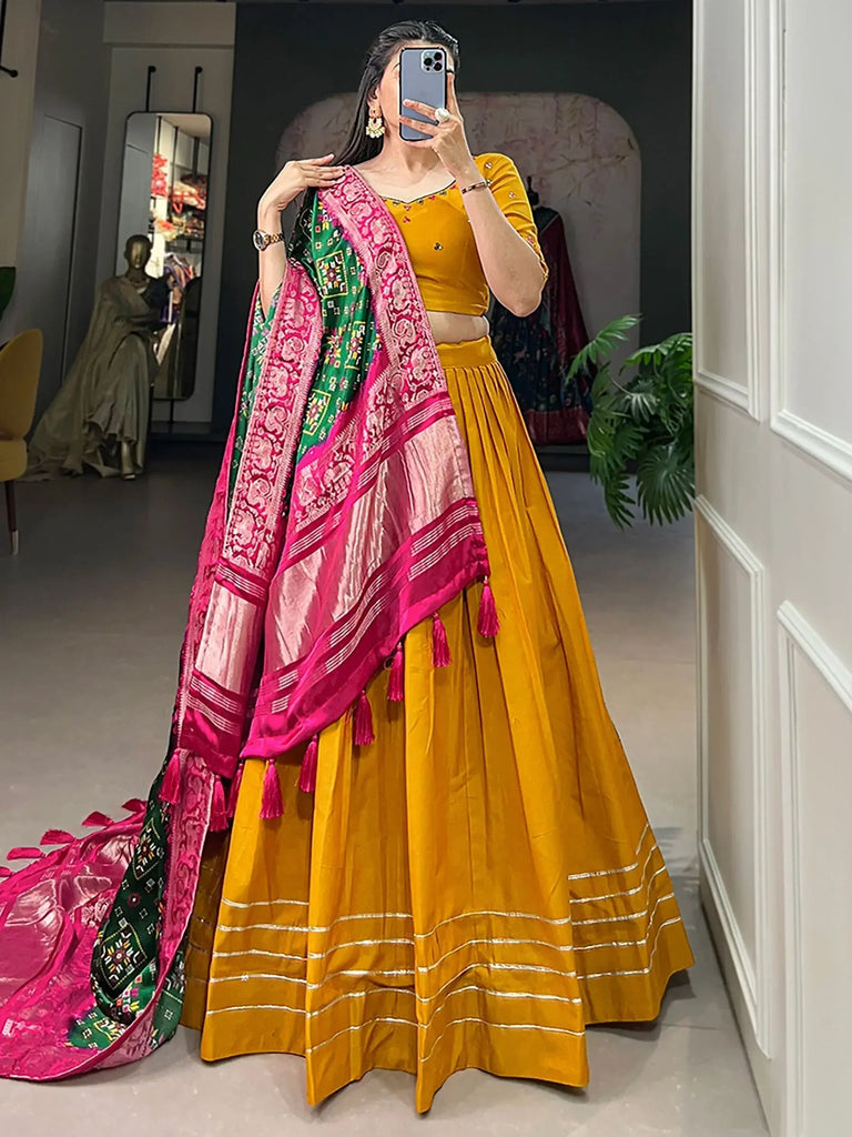 Stunning Mustard Yellow Cotton Plain Lehenga Choli With Dupatta