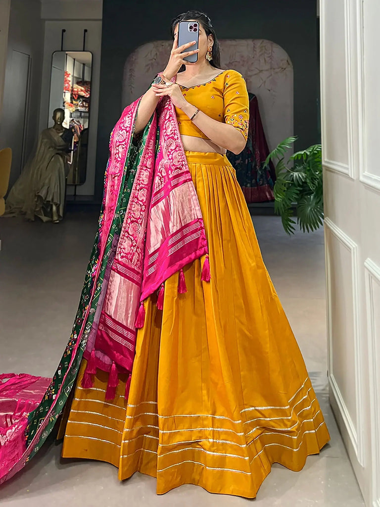 Stunning Mustard Yellow Cotton Plain Lehenga Choli With Dupatta