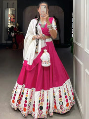 Beautiful Pink Mirror Work Cotton Navratri Lehenga Choli With Dupatta