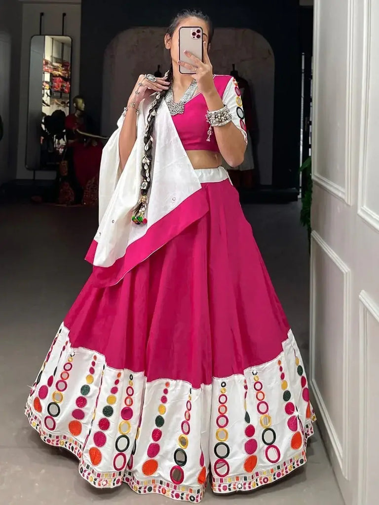 Beautiful Pink Mirror Work Cotton Navratri Lehenga Choli With Dupatta