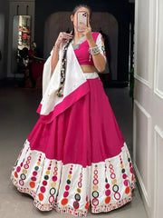 Beautiful Pink Mirror Work Cotton Navratri Lehenga Choli With Dupatta