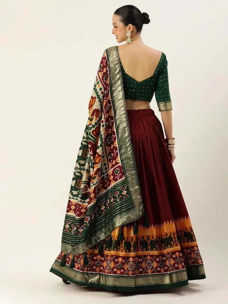 Green and maroon lehenga choli with printed dupatta, ethnic Indian wear for women