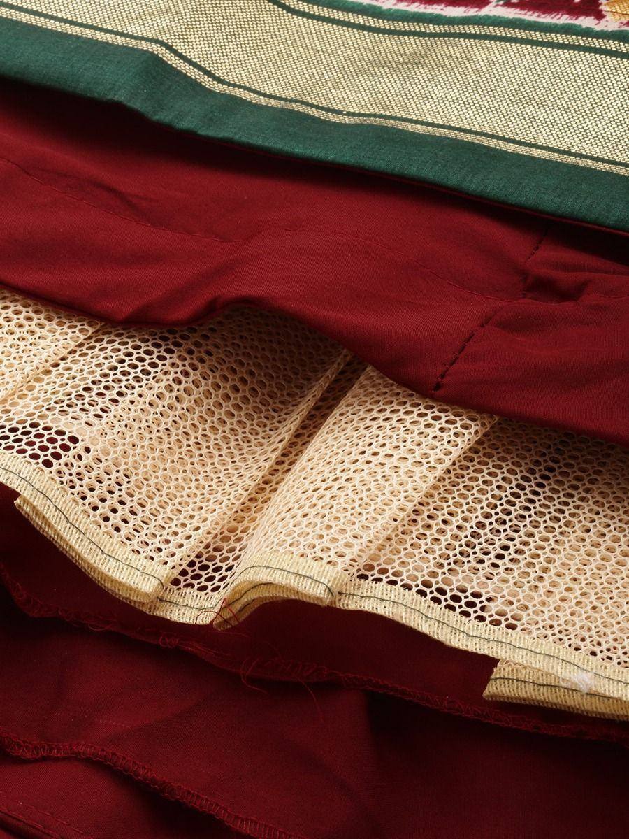 Maroon ethnic skirt with cream lace trim and green border, ideal for designer lehenga choli or saree sets