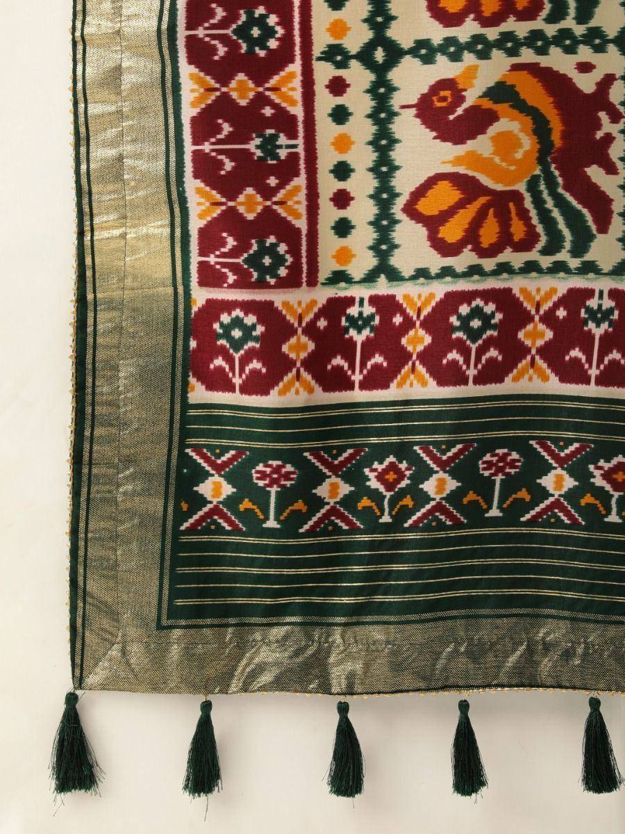 Ethnic printed dupatta with bird motif, tassels, and green border for Indian wear