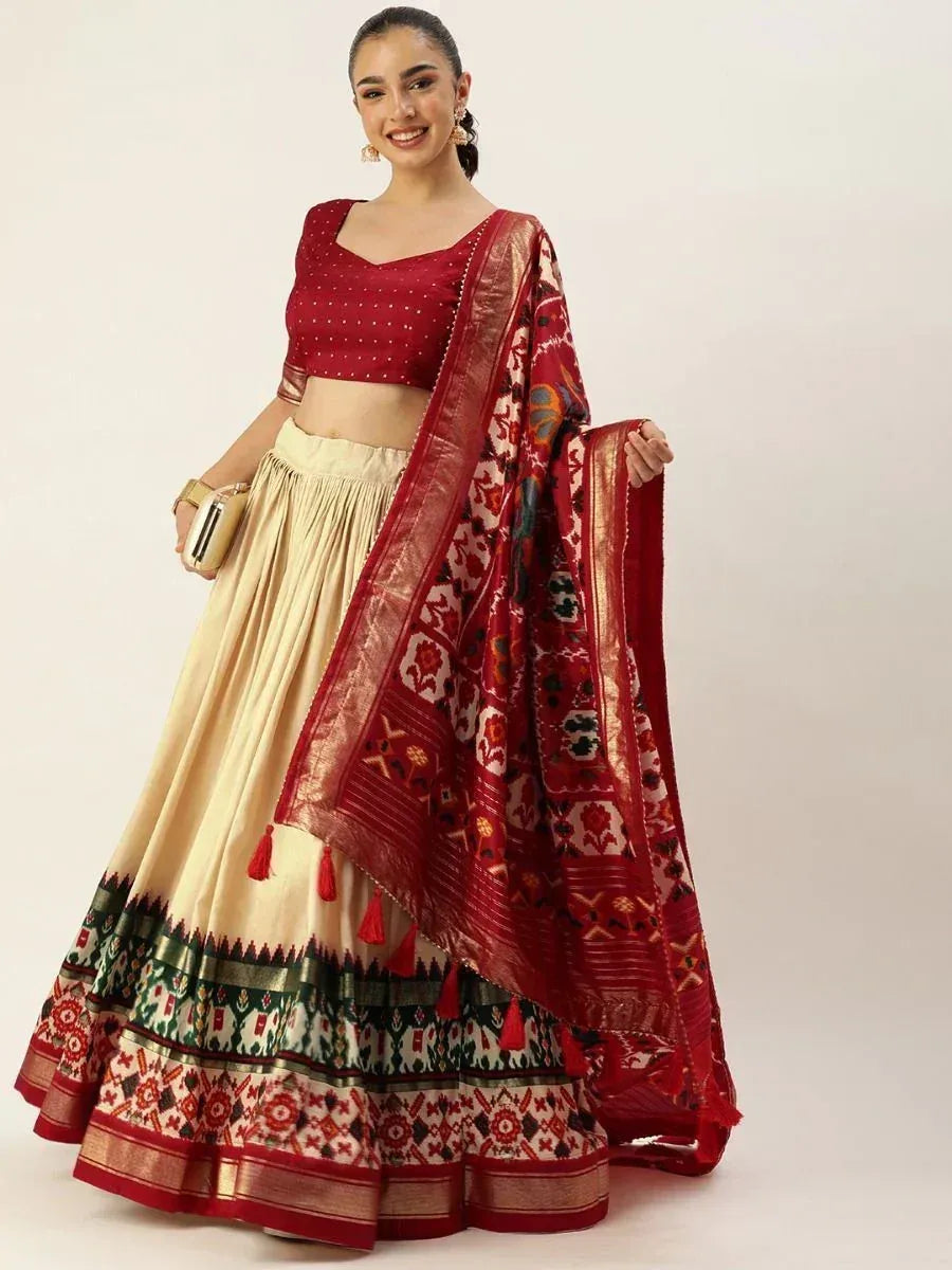Red and cream ethnic lehenga choli with printed dupatta, perfect for Indian weddings and festivals
