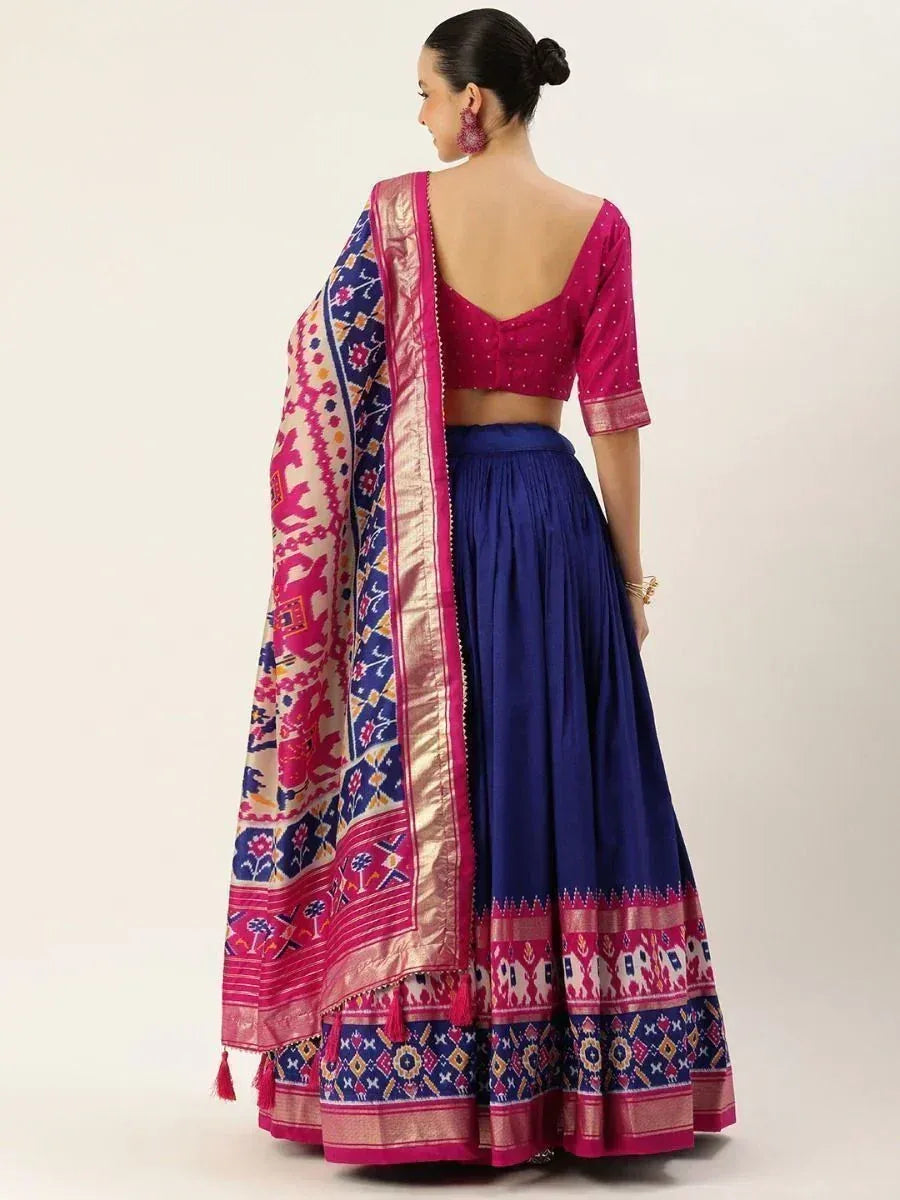 Blue and pink ethnic lehenga choli with printed dupatta, back view