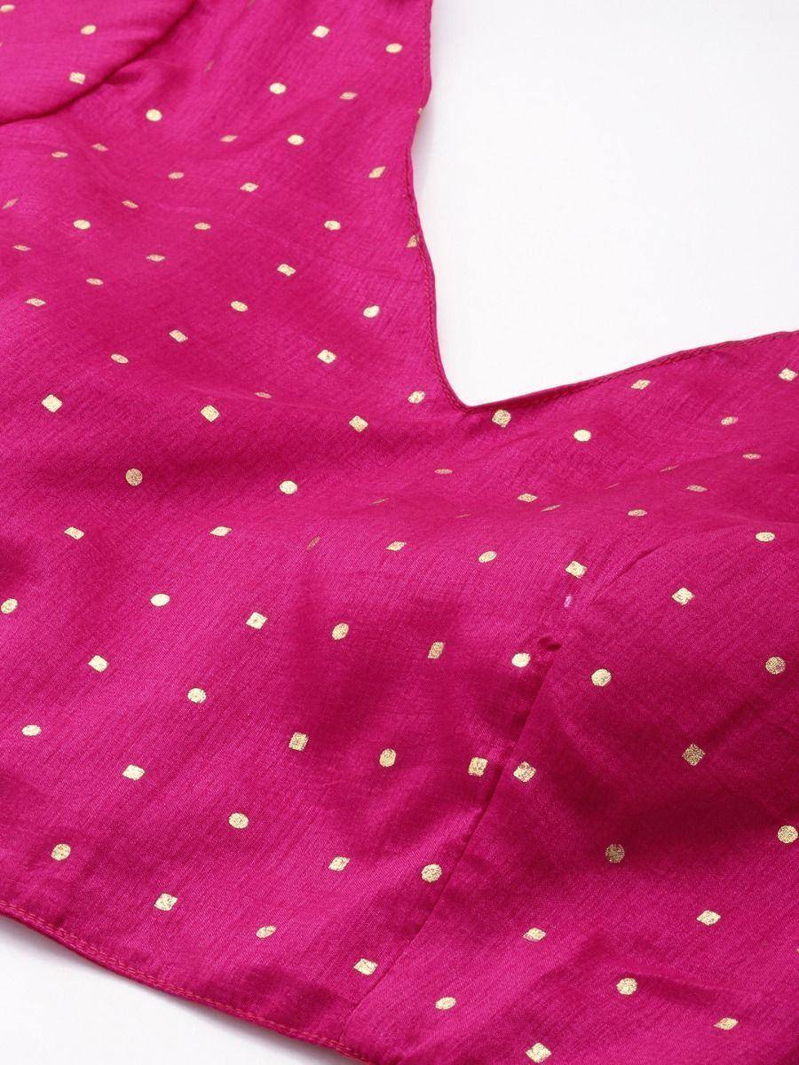 Fuchsia ethnic blouse with gold dot print, perfect for lehenga choli or saree