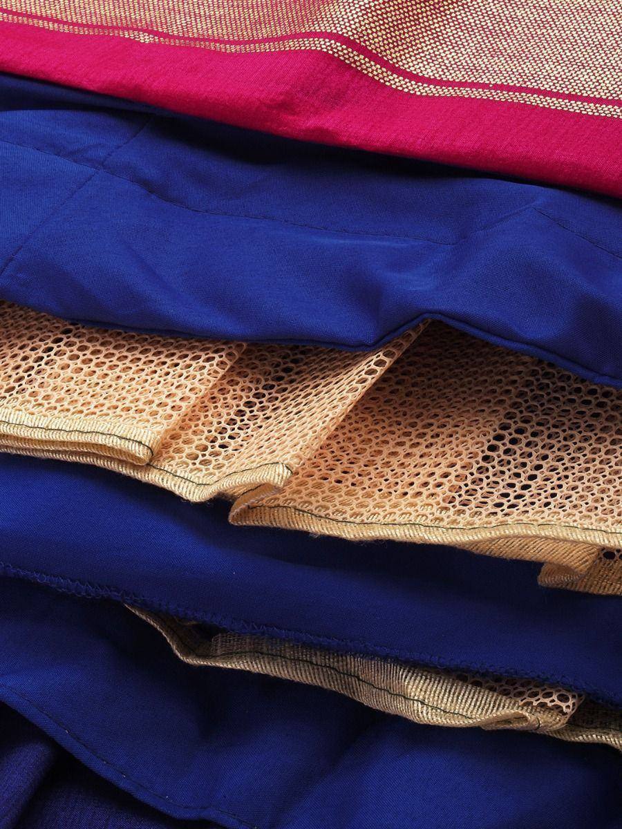 Richly textured Indian ethnic fabrics in royal blue, gold net, and pink with zari border for sarees or lehengas