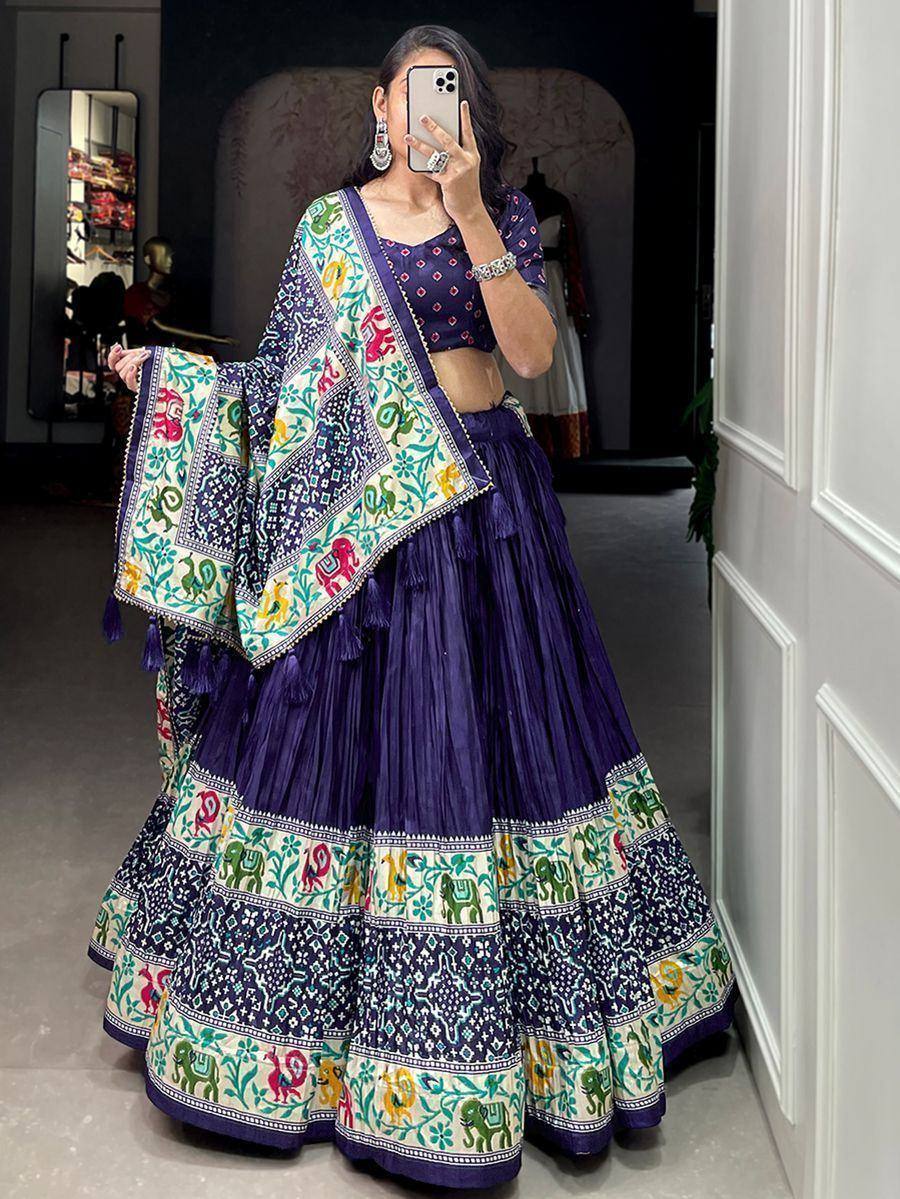 Purple lehenga choli with elephant print dupatta, Indian ethnic wear for women