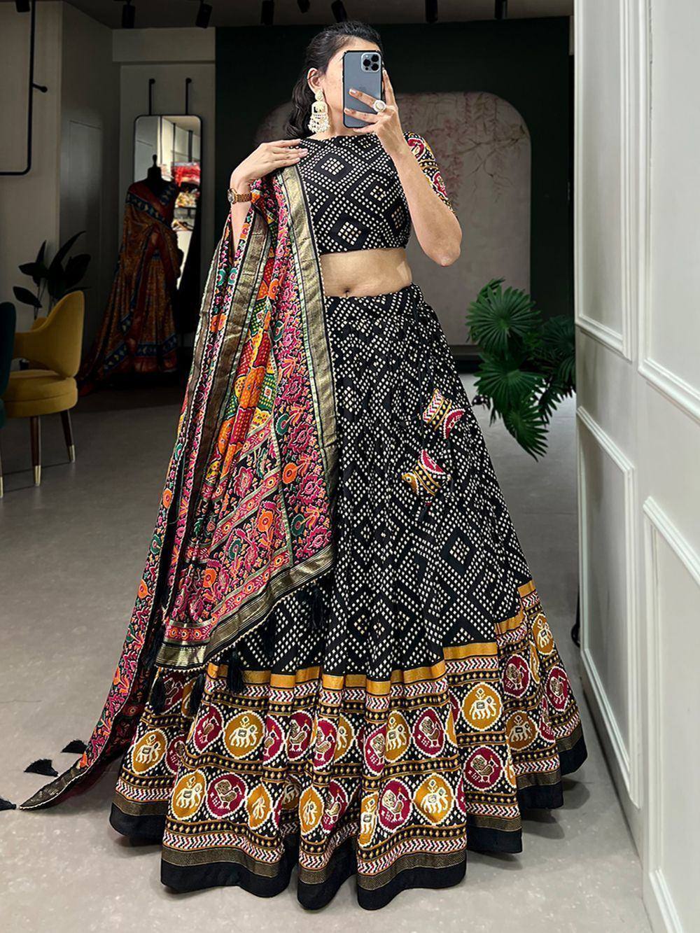 Black printed lehenga choli with colorful dupatta, ethnic Indian wear for women
