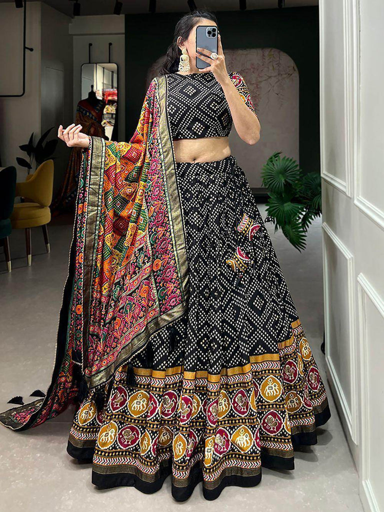 Enchanting Black Bandhani Printed Tussar Silk Navaratri Lehenga Choli