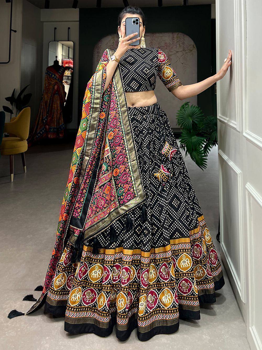 Black printed lehenga choli with colorful dupatta, ethnic Indian wear for women