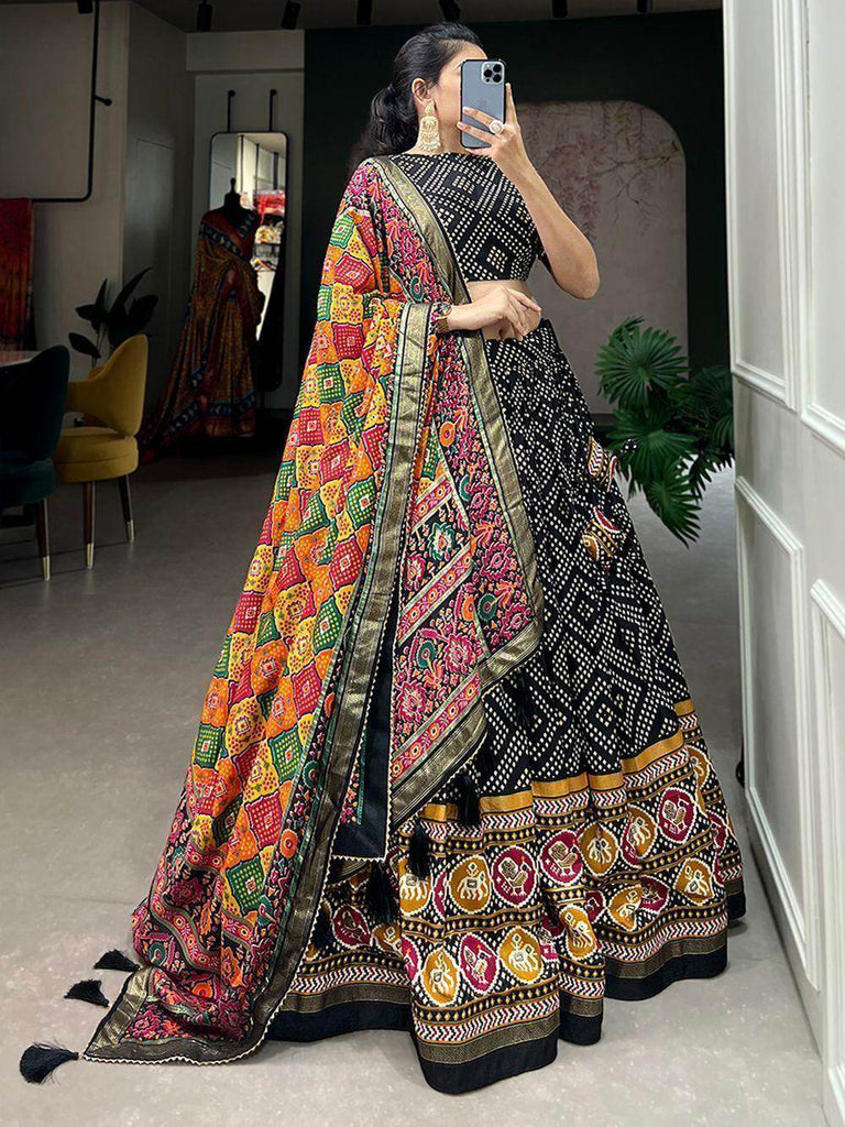 Enchanting Black Bandhani Printed Tussar Silk Navaratri Lehenga Choli