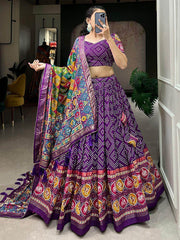 Gorgeous Purple Bandhani Printed Tussar Silk Traditional Lehenga Choli