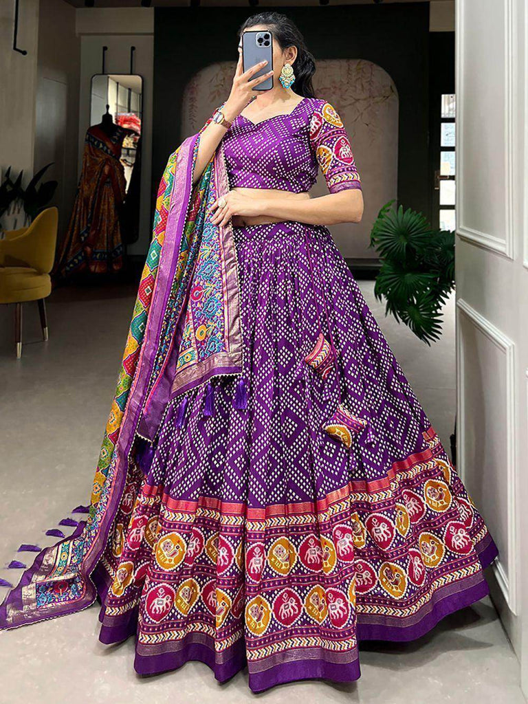 Gorgeous Purple Bandhani Printed Tussar Silk Traditional Lehenga Choli