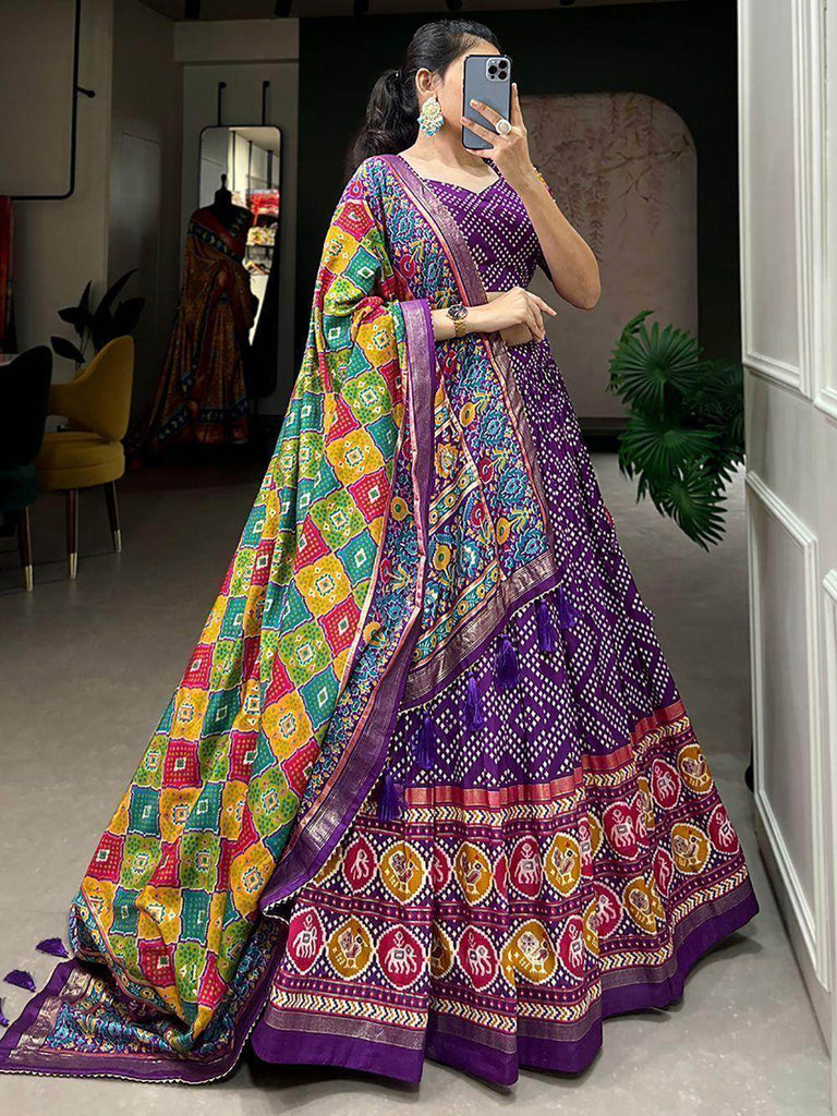 Gorgeous Purple Bandhani Printed Tussar Silk Traditional Lehenga Choli