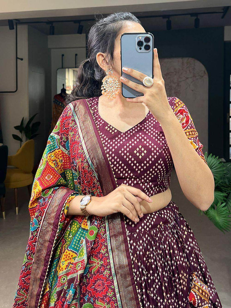 Glamorous Wine Bandhani Printed Tussar Silk Lehenga Choli With Dupatta