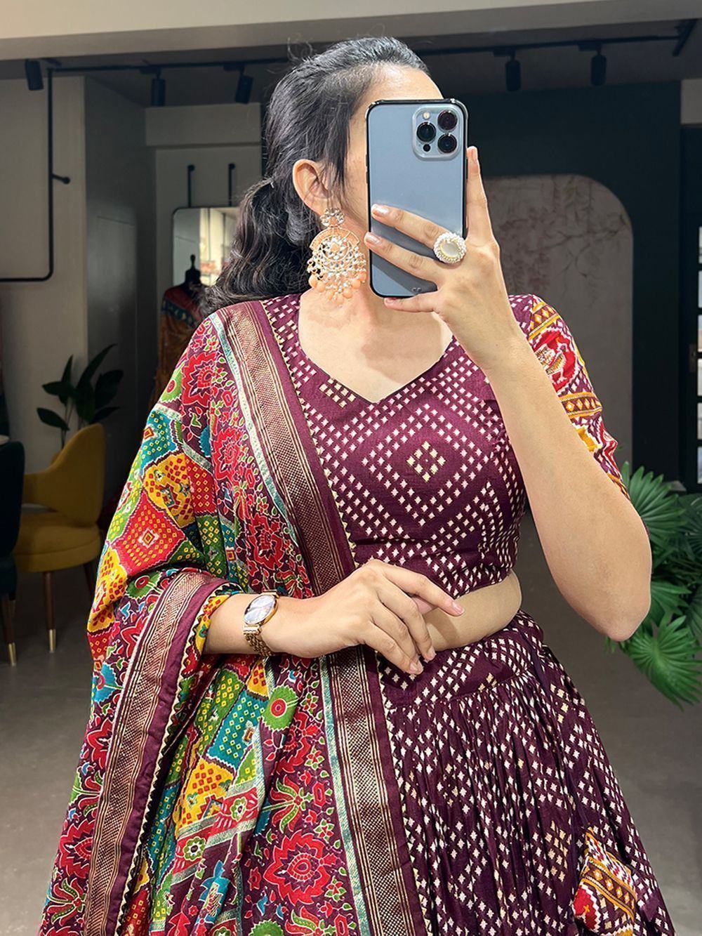 Glamorous Wine Bandhani Printed Tussar Silk Lehenga Choli With Dupatta