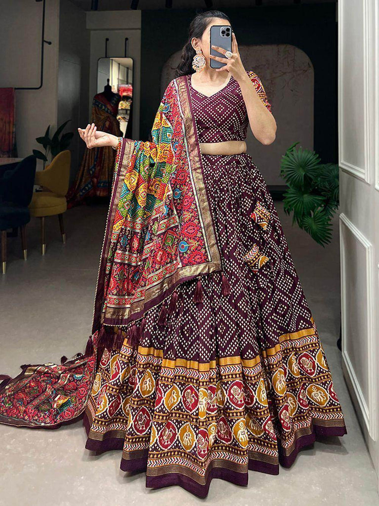Glamorous Wine Bandhani Printed Tussar Silk Lehenga Choli With Dupatta