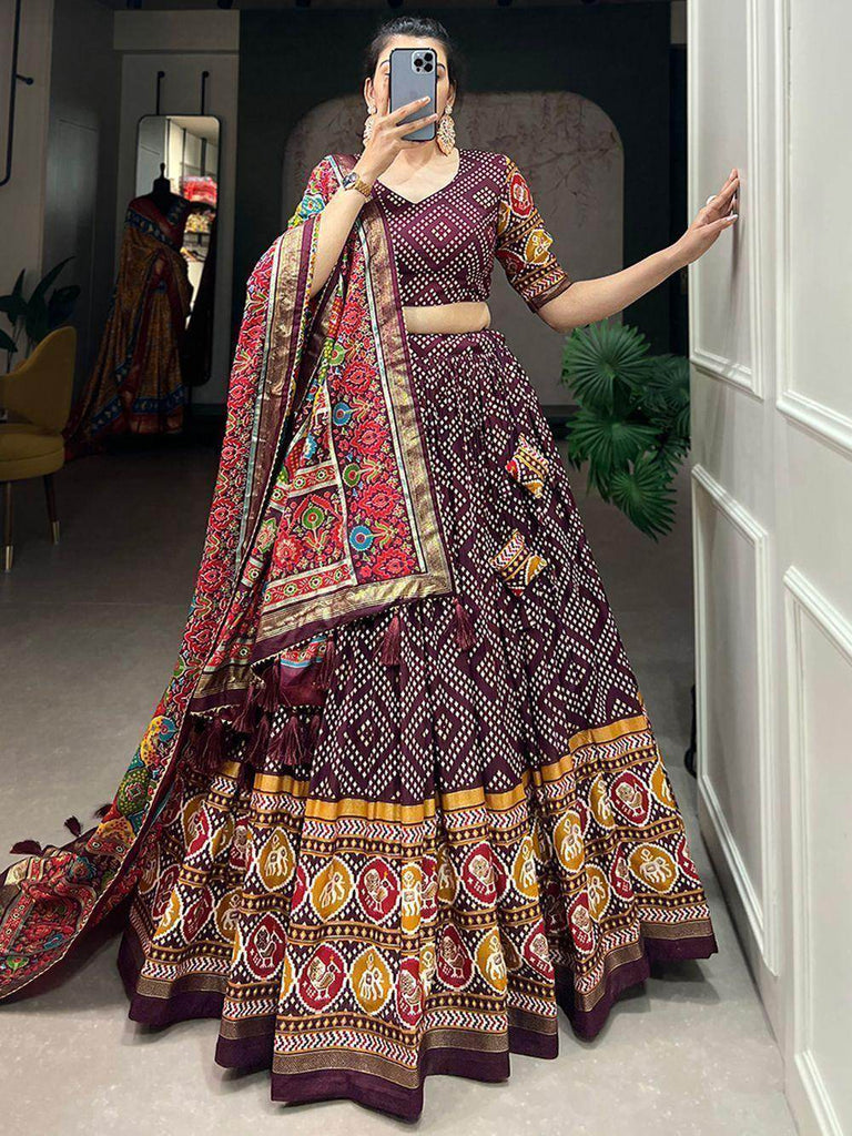 Glamorous Wine Bandhani Printed Tussar Silk Lehenga Choli With Dupatta