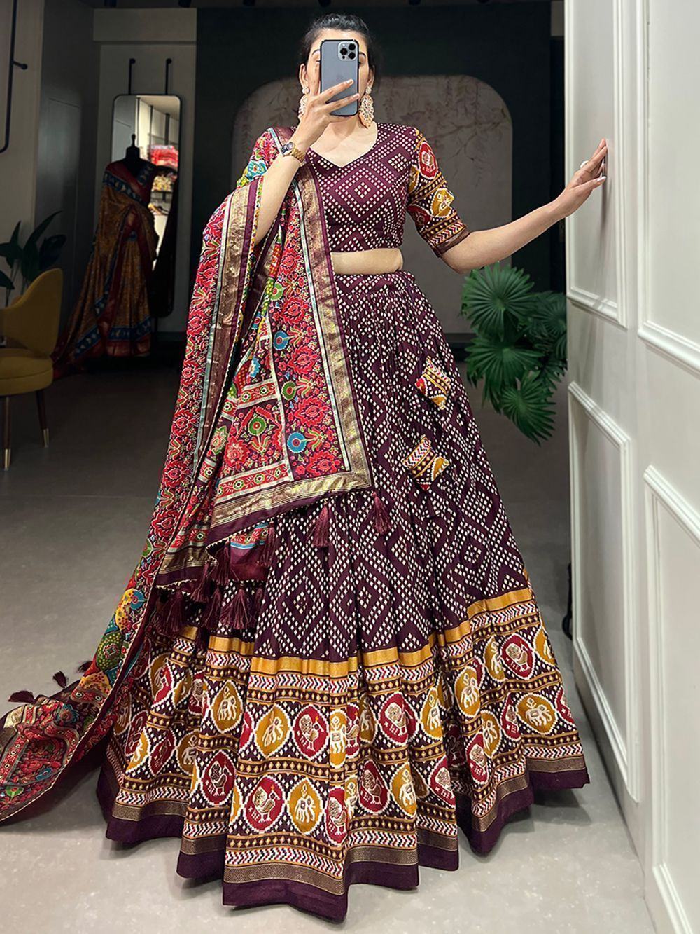 Glamorous Wine Bandhani Printed Tussar Silk Lehenga Choli With Dupatta